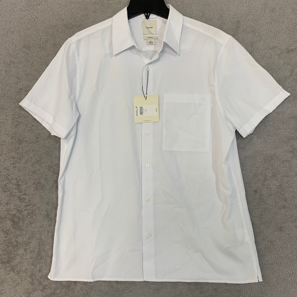 NWT Calvin Klein Button Up Shirt Men's M White Textured Classic Short Sleeve